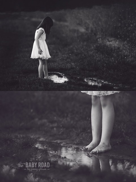 little girl playing outdoors in the mud puddle and muddy feet- black and white