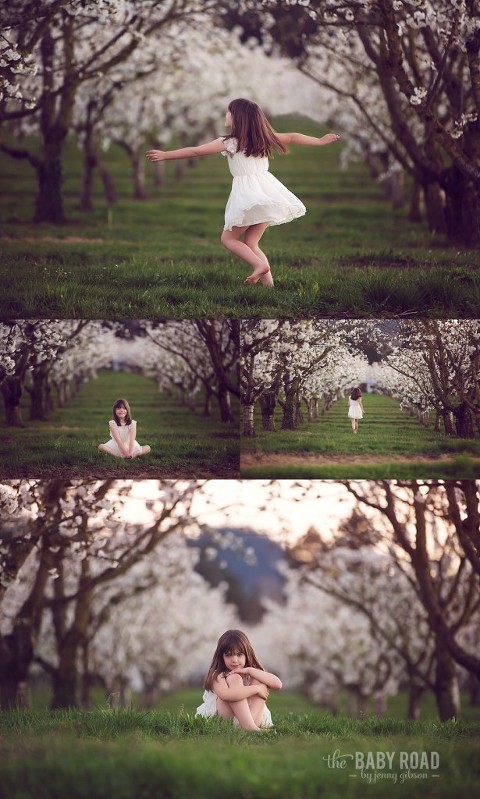 Girl in white dress spinning running and playing in a cherry orchard