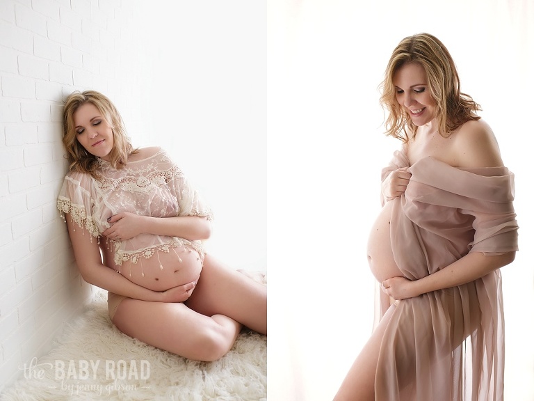 elegant backlit maternity photo on white background with sheer drape